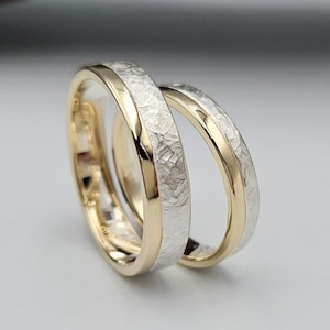 Ensemble d'alliances martelées bicolores en or 14 carats et argent sterling, bagues pour couples rustiques
