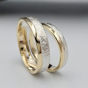 Conjunto de alianzas de boda martilladas en oro de 14 quilates y plata de ley de dos tonos, anillos rústicos para parejas.