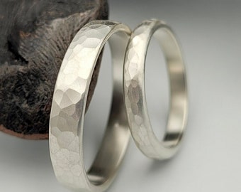 Hammered Sterling Silver Wedding Ring Set, Rustic Minimal Matching Bands, Brushed Finish