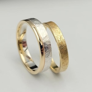Gehämmertes Ehering-Set, 14K Solid Gold Ehering Set, zweifarbige Trauringe für Sie und Ihn, Paargeschenk, Gehämmert Goldringe