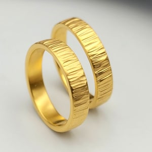 Tree Bark Wedding Ring Set, Tree Bark Matching Rings, His and Hers Rings, Gold Plated Wedding Bands, Hammered Engagement Bands, Couples Gift