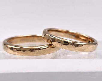 Solid Rose Gold Hammered Wedding Band Set, Rustic Matching Rings