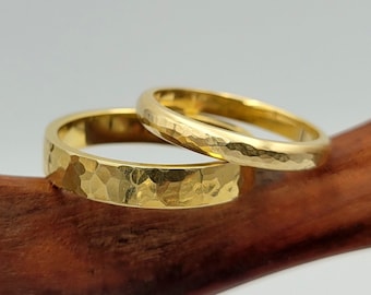 Hammered Wedding Ring Set, Gold Plated Wedding Band Set, His and Her Rings, Couples Gift, Rustic Engagement Rings, Hammered Matching Rings