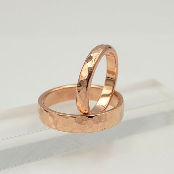 Hammered Wedding Ring Set, Rose Gold Plated Wedding Band Set, His and Hers Rings, Couples Gift, Rustic Engagement Rings, Matching Rings