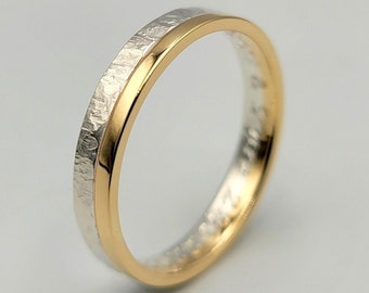 Two Tone Wedding Band, Gold and Silver Woman&#39;s Ring, Two Tone Hammered Ring, Rustic Wedding Ring, Mixed Metal Jewelry, Womens Wedding Band
