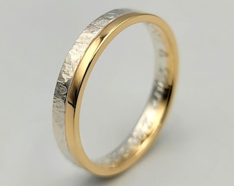 Two Tone Woman's Wedding Band, Hammered Sterling Silver and Gold Ring, Mixed Metal Ring
