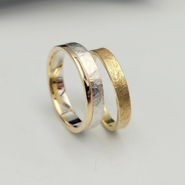 Hammered Wedding Ring Set, 14K Solid Gold Wedding Band Set, Two Tone His and Her Wedding Rings, Couples Gift, Gold Hammered Rings