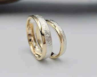 Anillos de dos tonos para él y para ella, alianzas de boda de oro y plata de 14Κ, conjunto de anillos martillados de dos tonos, conjunto de alianzas de boda rústicas, regalo para parejas