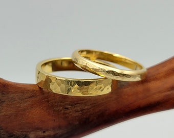 Hammered Wedding Ring Set, Gold Plated Wedding Band Set, His and Her Rings, Couples Gift, Rustic Engagement Rings, Hammered Matching Rings