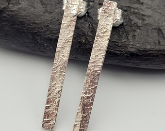 Hammered Sterling Silver 925 Bar Stud Earrings, Long Minimalist Everyday Studs, Modern Artisan Jewelry