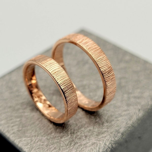 Rose Gold Eheringe Set, Baumrinde Eheringe, seine und ihre Ringe, Rose Gold überzogene Ringe, Rose Gold Verlobungsbänder, Paare Geschenk