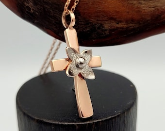 Flower Cross Necklace, Rose Gold Flower Cross, Orthodox Necklace, Baptism Christening Gift, Floral Cross, Religious Jewelry, Gift For Her