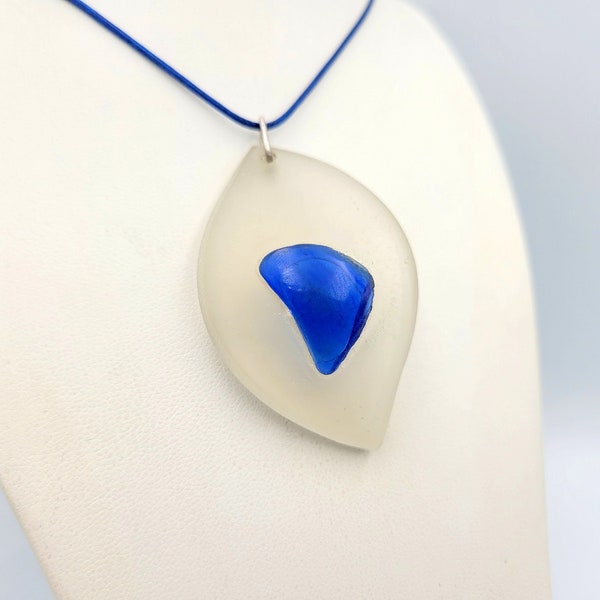 Authentic Greek Sea Glass Pendant, Real Beach Glass Necklace, White Blue Sea Glass Jewelry, Artisan Pendant, Modern Gift For Her