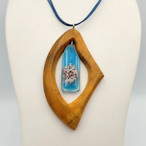 Blue Glass Wooden Hand Carved Necklace, Artisan Wood Pendant, Wooden Jewelry, Glass Handmade Pendant, Gift For Her