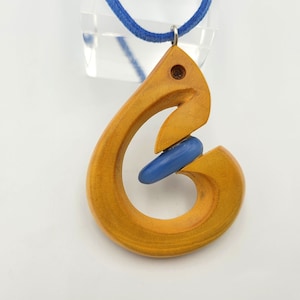 Blue Glass Wooden Hand Carved Necklace, Artisan Wood Pendant, Wooden Jewelry, Glass Handmade Pendant, Gift For Her