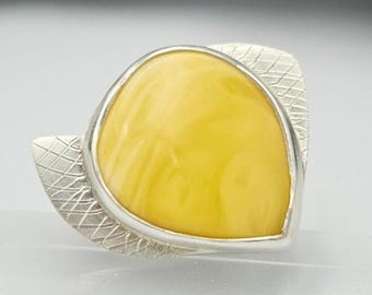 Baltic Amber Ring, Sterling Silver Jewelry, Genuine Milky Yellow Stone, November Birthstone Gift