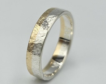 Hammered 14k Gold and Sterling Silver Wedding Band, Two Tone Ring, Mixed Metal Jewelry