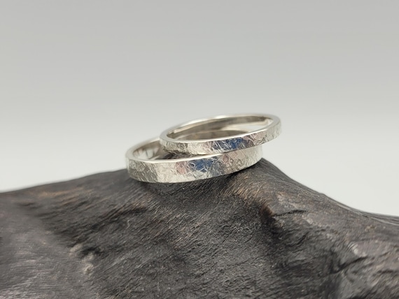 Hammered 10K White Gold Ring Set, His and Hers Matching Bands, Rustic Wedding Set