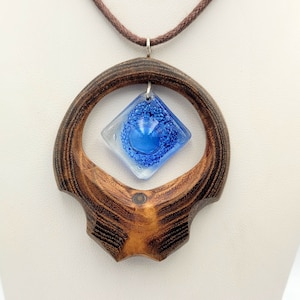 Wooden Hand Carved Blue Glass Necklace, Artisan Wood Pendant, Wooden Jewelry, Glass Handmade Pendant, Gift For Her