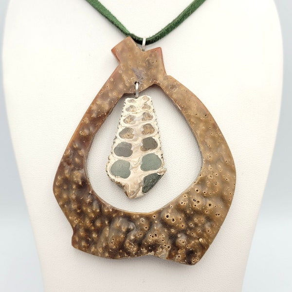 Greek Fossil Gastropod Hand Carved Necklace, Fossilized Stone Pendant, Pinna Seashell Necklace, Paleontology Handmade Gift For Her