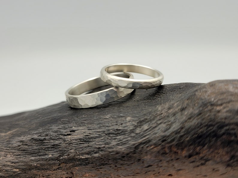 Hammered Wedding Ring Set, Silver Wedding Band Set, His and Her Rings, Couples Gift, Brushed Engagement Rings, Hammered Matching Rings image 5