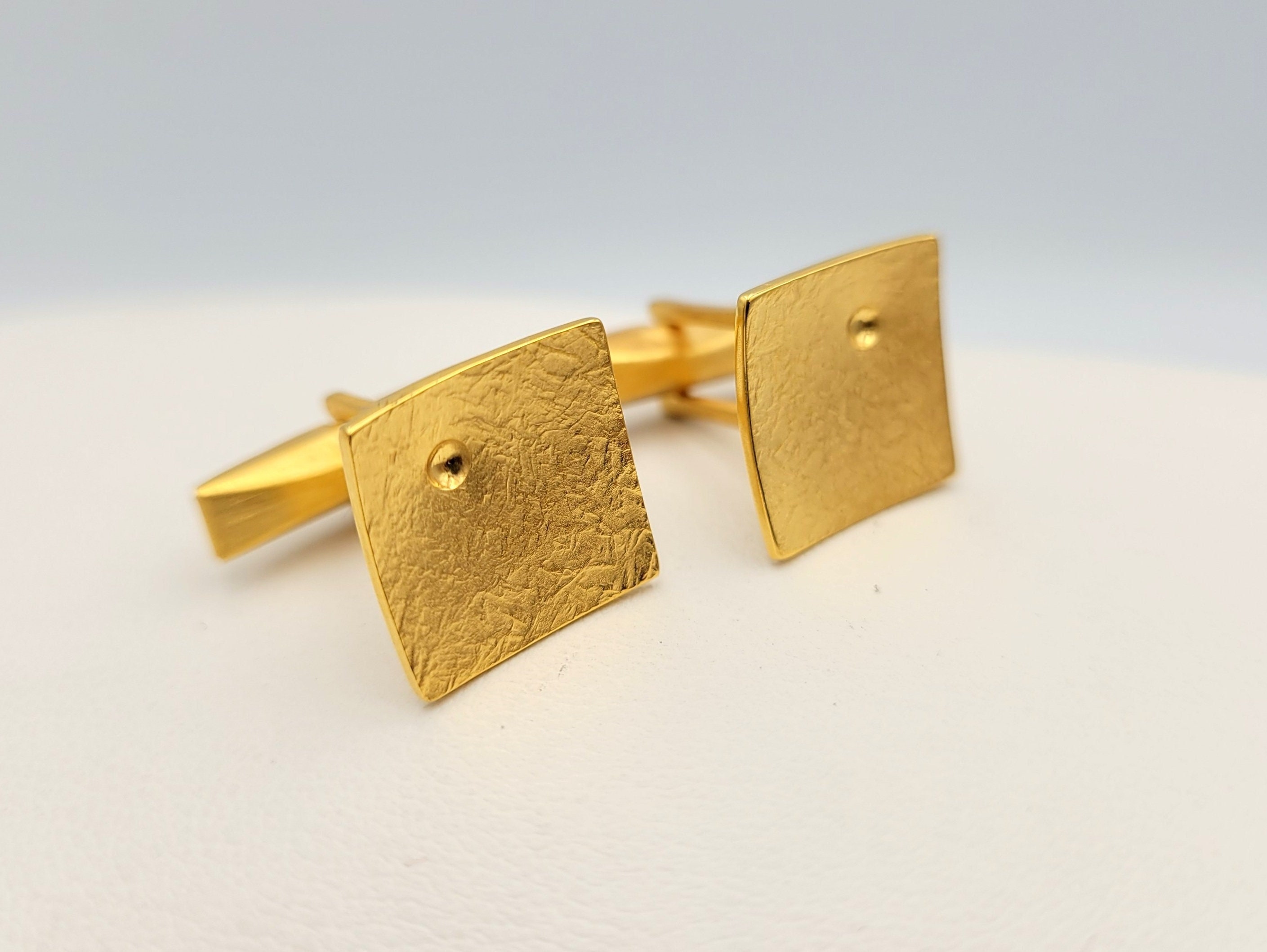 Boutons De Manchettes Art Déco Anciens - Carré Martelé Plaqué Or LAMINOR - Occasion Excellent état