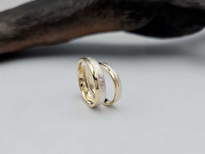 Two Tone 14K Gold and Sterling Silver Hammered Wedding Bands Set, Rustic Couples Rings