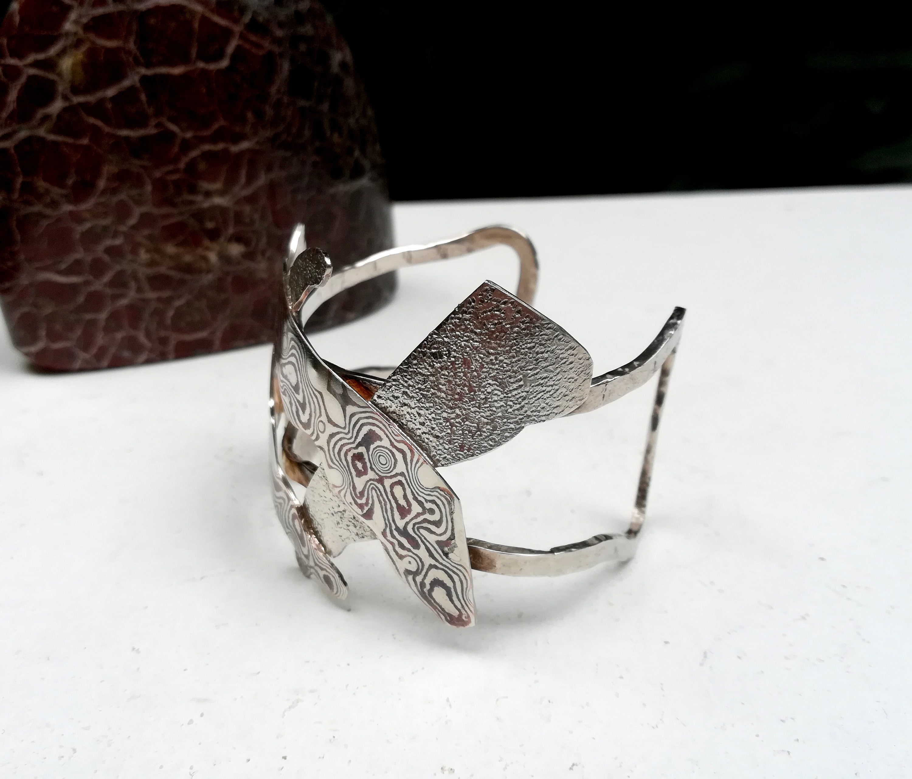 Statement Mokume Gane Bracelet, Damascus Copper Cuff
