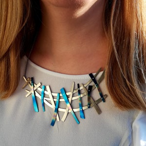 Titanium Necklace, Blue Titanium Pendant, Rainbow Silver Necklace, Mixed Metal Jewelry, Handmade Artisan Necklace, Statement Gift for Women