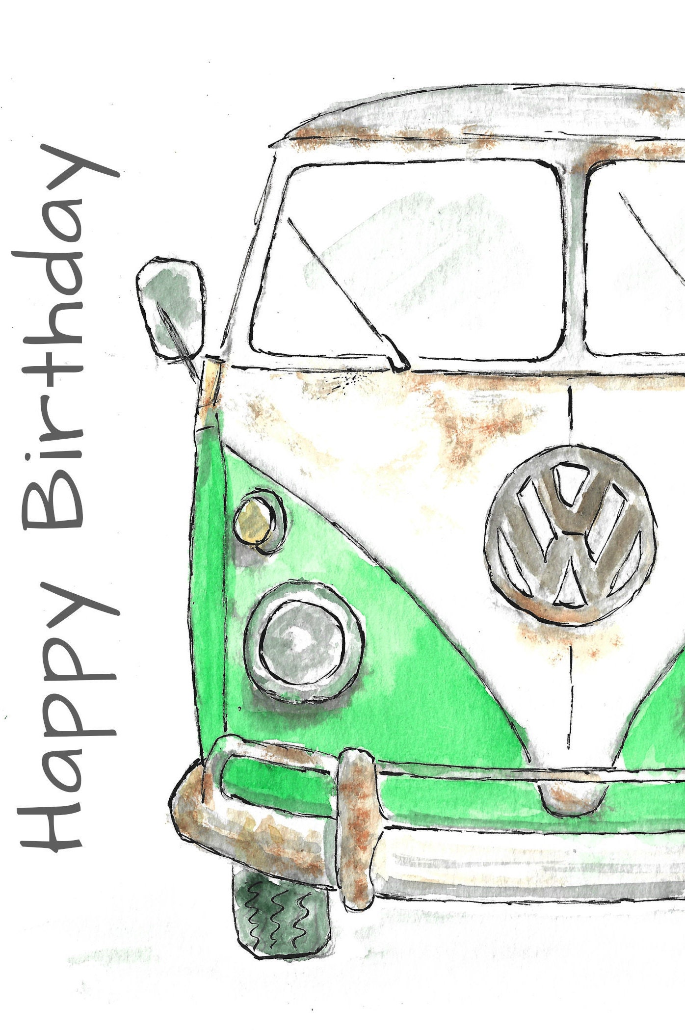 VW Bus Birthday Card Watercolor Card Blank Card Volkswagen | Etsy