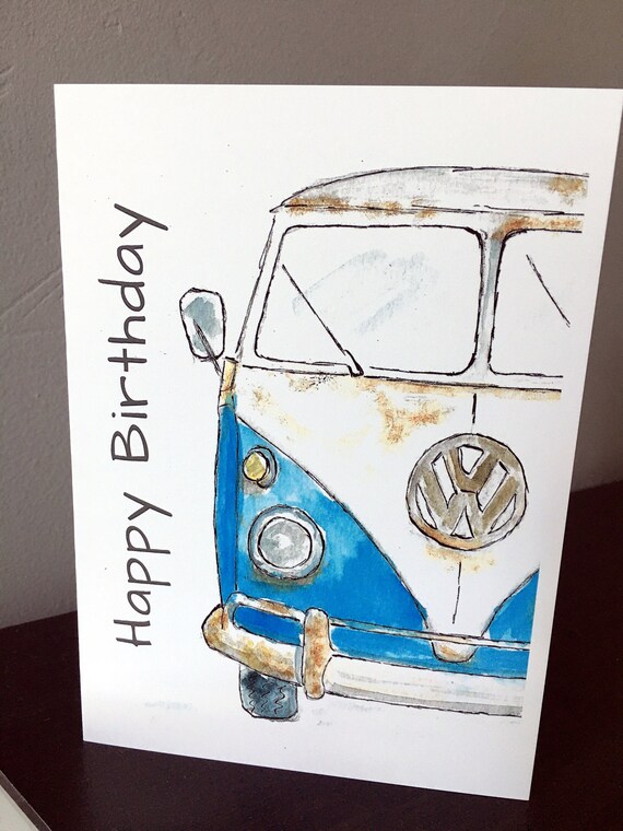 VW Bus Birthday Card Watercolor Card Blank Card Volkswagen | Etsy
