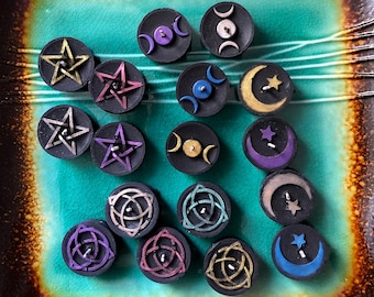 Black tealight candles with Pagan symbols ~ triple moon, star and moon, pentagram, runestave, Celtic knot, triskele ~ 6-pack