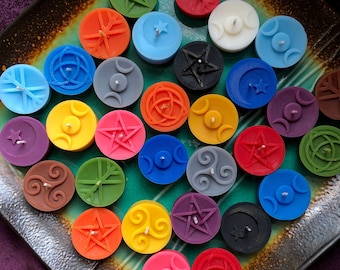 Colorful tealight candles with Pagan symbols ~ triple moon, star and moon, pentagram, runestave, Celtic knot, triskele ~ 6-pack
