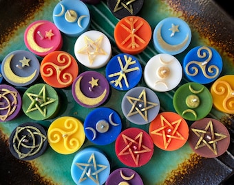 Colorful tealight candles with Pagan symbols ~ triple moon, star and moon, pentagram, runestave, Celtic knot, triskele ~ Gold shimmer 6-pack