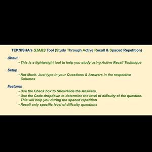 May include: A screenshot of a document outlining the features of a study tool called "STARS" (Study Through Active Recall & Spaced Repetition). The tool is described as a lightweight tool to help users study using Active Recall Technique. The document lists the setup, features, and about sections of the tool.