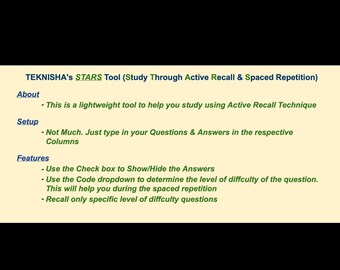 Könnte beinhalten: Ein Screenshot eines Dokuments, das die Funktionen eines Lernwerkzeugs namens "STARS" (Study Through Active Recall & Spaced Repetition) beschreibt. Das Werkzeug wird als leichtgewichtiges Werkzeug beschrieben, das Benutzern hilft, mit der Active Recall Technique zu lernen. Das Dokument listet die Abschnitte Einrichtung, Funktionen und Über uns des Werkzeugs auf.