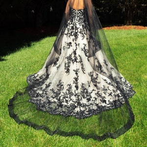 Black Beaded Mantilla Wedding Veil, Embroidered Pearls & Crystals
