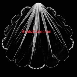 Scallop Edge Wedding Veil, Crystal Wedding Veil, Angel Cut Beaded Veil, Fingertip Veil, Cathedral Veil - Free Tulle Samples