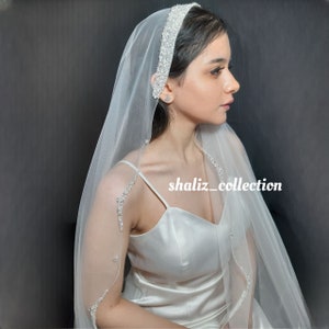 Mantilla Beaded Wedding Veil with scalloped edges, Rhinestone and Crystal veil, Fingertip Veil, Cathedral veil Free Tulle samples