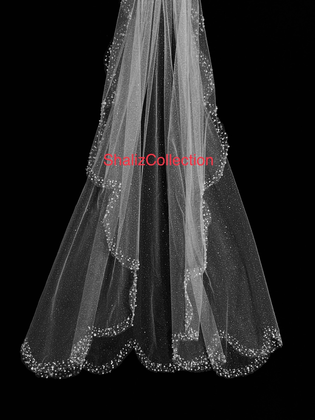 Sparkling Angel Cut Floor Length Veil with Rhinestone Edge | , White / 65 Inches