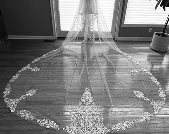 Gorgeous Lace Drop Veil, Lace & Rhinestone Bridal Veil, Lace Cathedral Veil, Lace Veil, Cathedral Wedding Veil, Wedding Veil, 2 Tier Veil