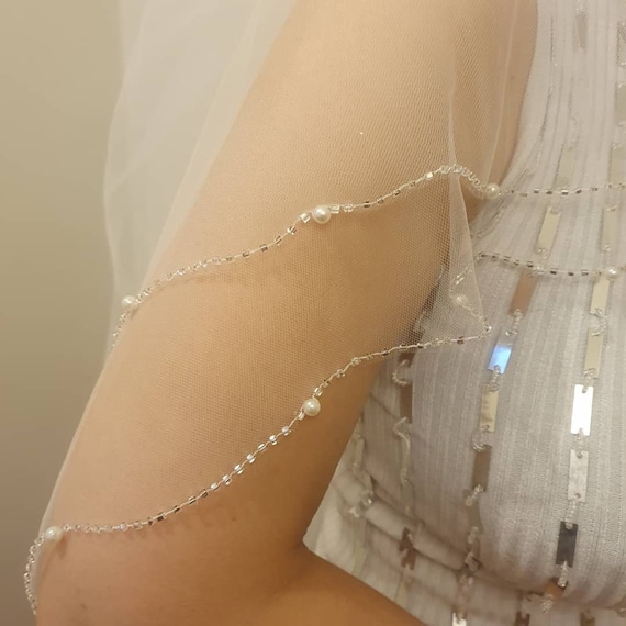 NEW 2 Tier Embroided Pearl Crystal Beaded Veil Pearl and Crystal Drip Cathedral Veil main image 2