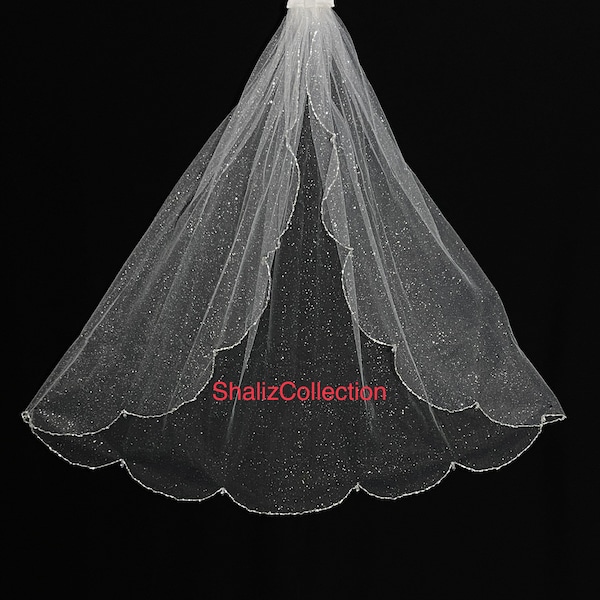 Glitter Wedding Veil, Crystal Bridal Veil, Beaded Veil, Scallop Edge Sparkle Veil, Fingertip Veil, Cathedral Veil