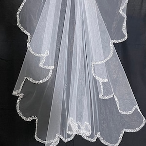 Angel Cut Waterfall Wedding Veil, Bridal Veil,  Crystal Veil, Beaded Veil - Fingertip Veil, Free Tulle Samples