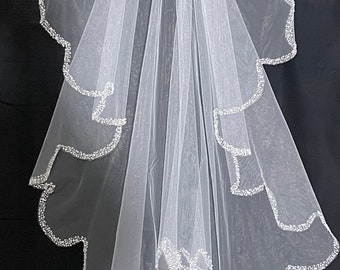 Angel Cut Waterfall Wedding Veil, Bridal Veil,  Crystal Veil, Beaded Veil - Fingertip Veil, Free Tulle Samples