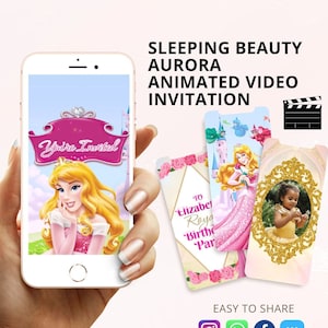 Op de afbeelding: Een digitale uitnodiging voor een verjaardagsfeest met een Sleeping Beauty Aurora-thema. De uitnodiging wordt weergegeven op een smartphone-scherm en bevat een roze kasteel met de tekst "You're Invited".