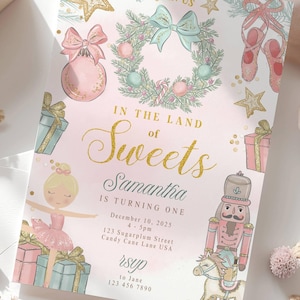 Nutcracker Land of Sweets Birthday Invitation | Pastel Ballet Christmas Invitation | Winter Wonderland Girl Birthday | Editable Template