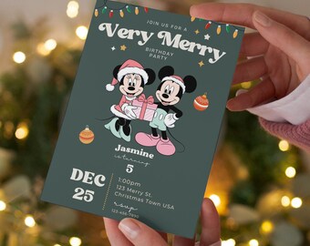 Minnie Mickey Christmas Birthday Invitation, Retro Style (Digital Download)