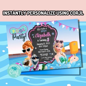 Corjl Frozen Summer Pool Party Birthday Digital Invitation INSTANT EDITABLE TEMPLATE