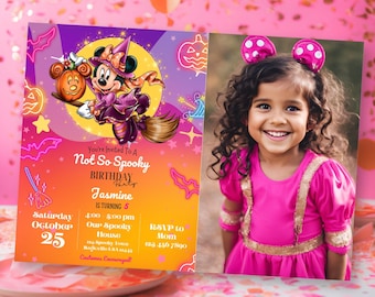 May include: A Halloween-themed birthday party invitation featuring Minnie Mouse dressed as a witch, holding a pumpkin, and riding a broom. The invitation includes the text "Not So Spooky Birthday Party" and details for the event, along with a photo of a smiling child.